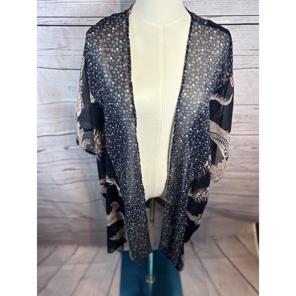 Mixed Floral Paisley Print Kimono Pink Blue Green Size 0/1Boho Lightweight Layer - Picture 1 of 7